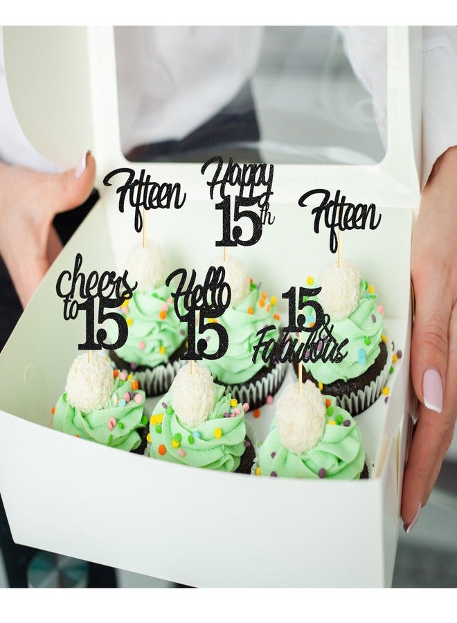 Sotpot 30 Pack 15th Birthday Cupcake Toppers Hello 15 Cheers to 15 Years Cupcake Picks for 15th Birthday Anniversary Party Cake Decorations Black Glitter - Image 3